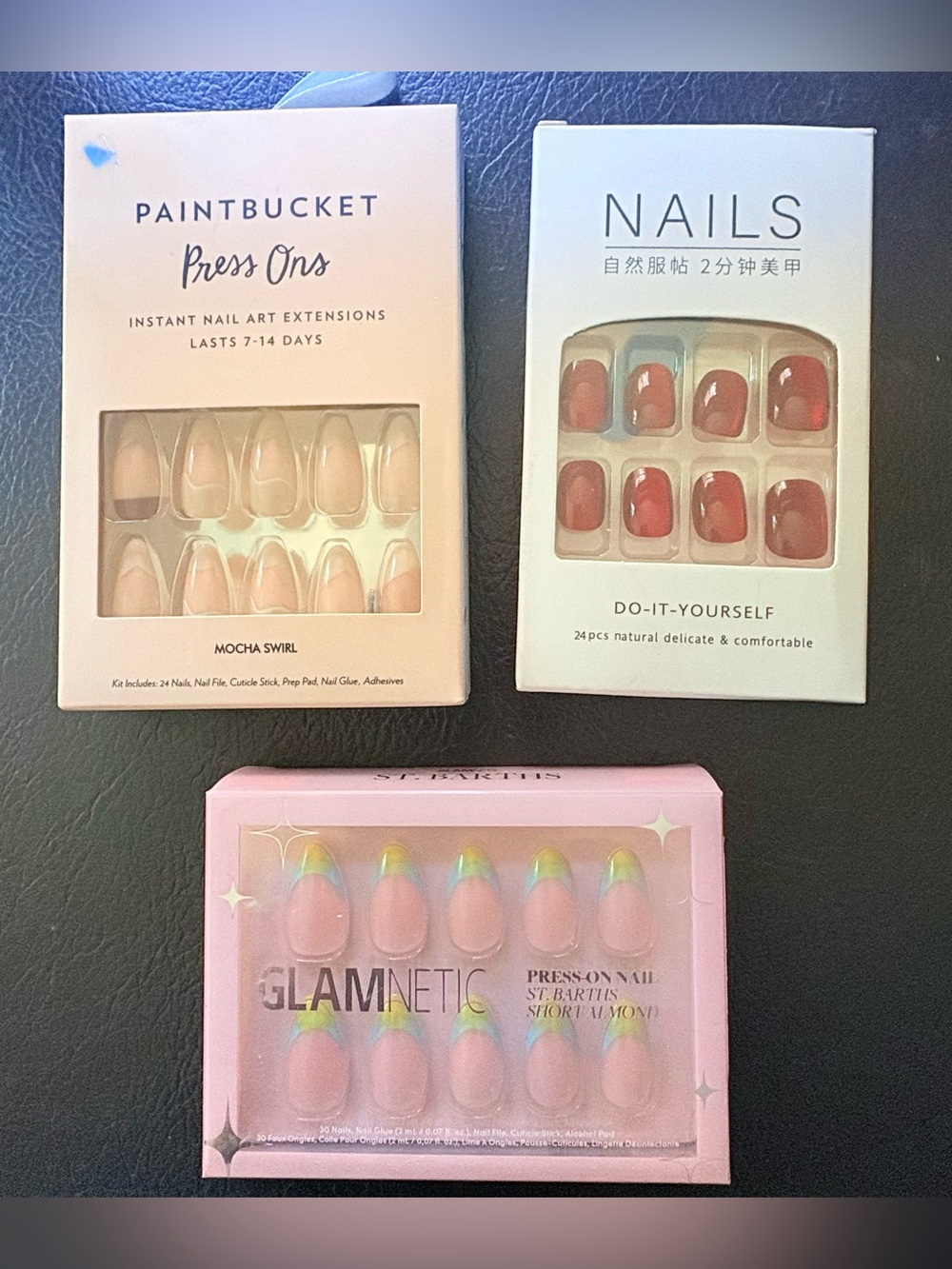 Lot of 3 Press On Nail Kits- Glamnetic St. Barths Short Almond + more. New.